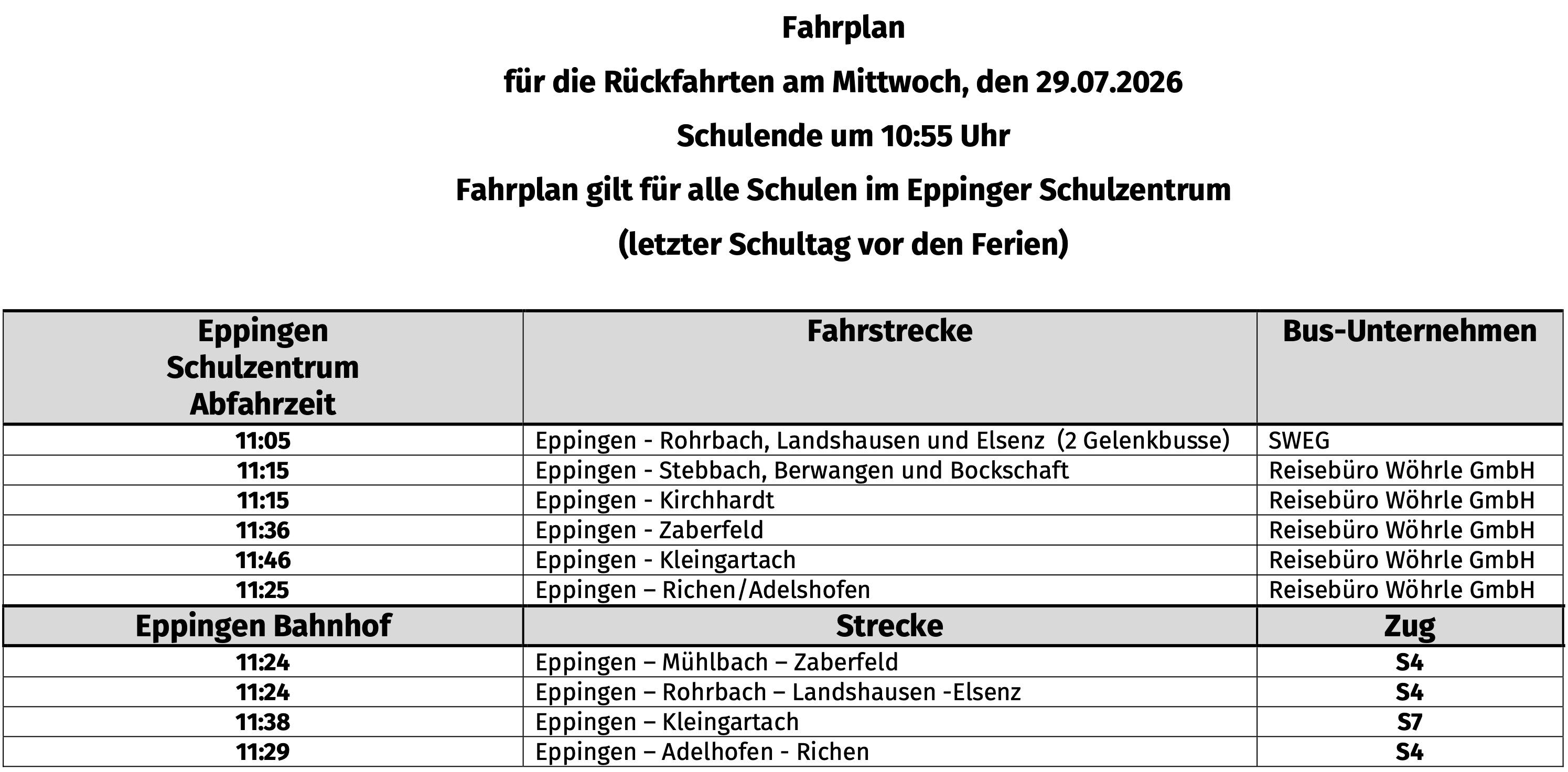 Fahrplan am letzten Schultag